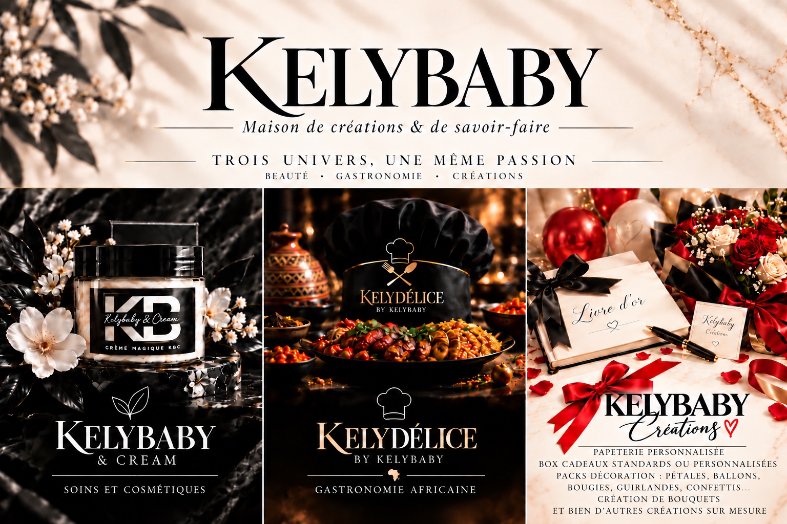 La maison KELYBABY : un soin en pot, des pastels et samoussas, un bouquet et un livre d’or.